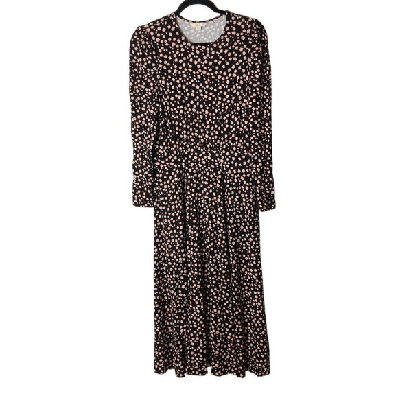 Boden‎ Puff Long Sleeve Jersey Midi Dress Sz 8 Petite Pockets Black Print Pink - Picture 1 of 14